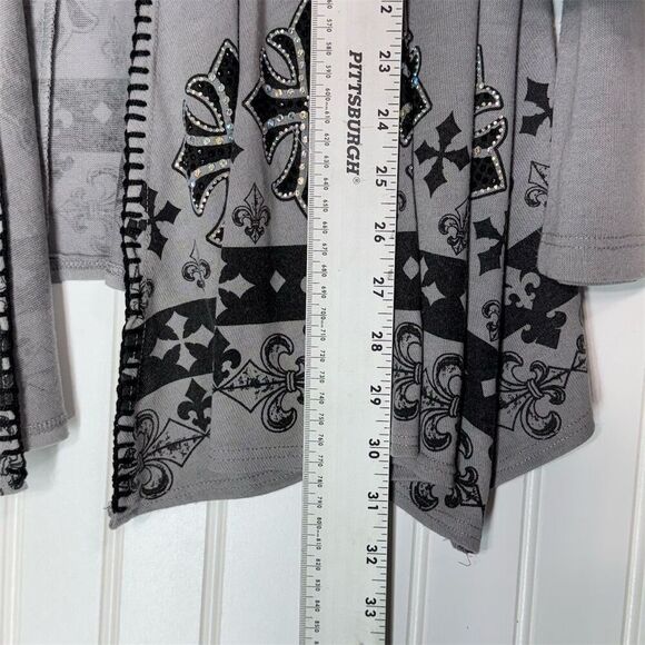 Vocal Gray Embellished Cross Cardigan L – Rhinestones, Gothic Western USA Made - Picture 6 of 8